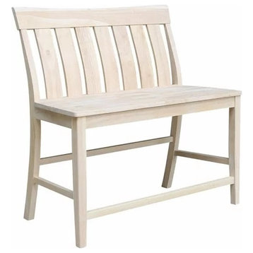 Rustic Accent Bench, Rectangular Hardwood Seat With Slatted Backrest, Unfinished