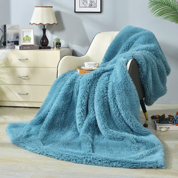 Shaggy Long Faux fur Throw Blanket,Teal,88"X90"
