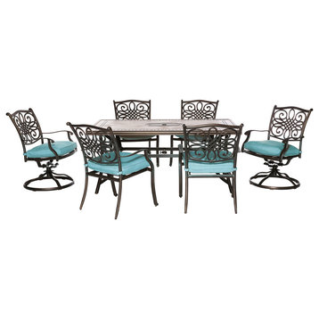 Monaco 7-Piece Dining Set, Blue With Swivel Rockers and Tile-Top Table