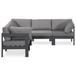 Meridian Furniture - Nizuc Water Resistant Patio L-Shaped Modular Sectional, Gray, 5-Piece: 2 Armless Chair, 3 Corner Chair, Dark Gray Aluminum Frame - Pick and choose your favorites from the Nizuc collection to create a modular seating group the whole gang will enjoy. The sturdy aluminum frame provides dependable support for friends and family as they relax and unwind, and the resilient grey water resistant fabric stands up to the elements without losing its beautiful demeanor, so you can count on it lasting for the long haul. Latches beneath these seating pieces help you easily attach them to one another for convenient setup.