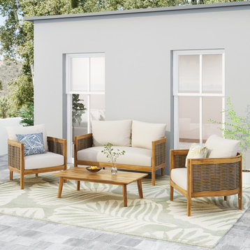 Alden Outdoor Acacia Wood 4-Seater Chat Set With Cushions