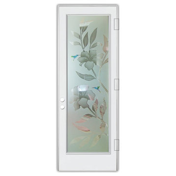 Front Door - Hibiscus Hummingbirds - Fiberglass Smooth - 36" x 80" - Knob on...