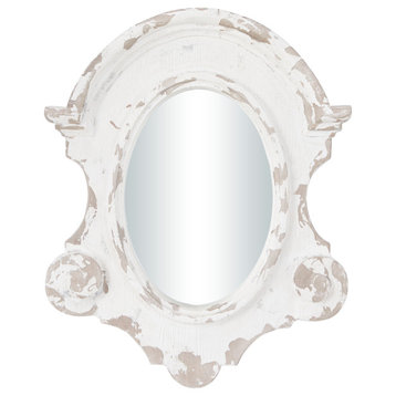 Antique Style Large Oval Distressed White Wood Wall Mirror with Scrollwork