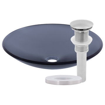 Coetaneo Clear Slate Grey Round Shallow Glass Vessel Bathroom Sink with Drain, Brushed Nickel
