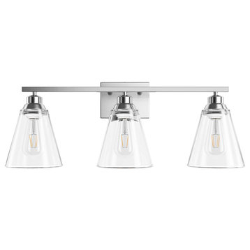 3-Lights Cone Glass Shade Bathroom Vanity Light, Matte Silver