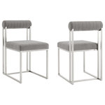 Armen Living - Anastasia Set of 2 Dining Chairs, Brushed Stainless Steel and Light Gray Fabric - Make a stylish impact with the clean and modern aesthetic of the Anastasia Dining Chair in Fabric and Metal - Set of 2 by Armen Living. Its crisp and refined frame is combined with plush upholstery to lend a chic and striking edge to any room. A cylindrical cushion is beautifully balanced upon its airy frame to offer comfortable back support. Its cushioned backrest and padded seat showcase a neat channeling detail that provides texture for a chic and inviting look. The chair is upholstered in performance fabric to offer easy care and maintenance. Its slender and clean-lined metallic frame reflects the refined and elevated tone of our chair. The contemporary Anastasia chair can add a dose of comfort and charm to your eat-in kitchen and dining room. With versatile styling potential, it can serve as an occasional chair to offer an easy and chic place to land anywhere from your lounge to your home office. Available as a set of two, the Anastasia Dining Chair comes in brushed stainless steel with Light Gray, Charcoal, Blue, or Taupe fabric or matte black iron with Anchor Gray fabric, Light Gray fabric, or Light Gray faux leather to bring style and comfort to your home.