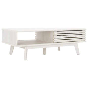 Retro Modern Coffee Table, Slatted Door & Open Compartment, White