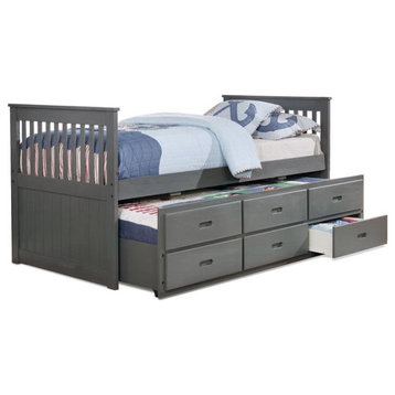BEKids Solid Wood Twin Captain Bed with Twin Trundle and 3 Drawers in Gray