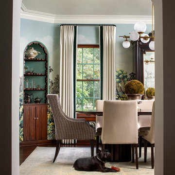 Scenic landscape wallpaper mural in classic dining room