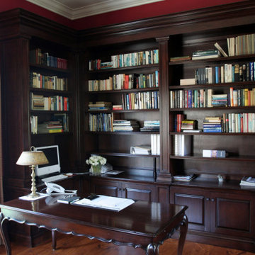 Custom Handcrafted Fire Mantels, Library Cabinets, Desk, Dark Stain Traditional
