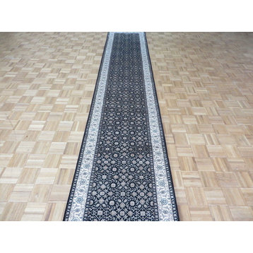2'8"x15'9" Runner Handmade Black Herati Tabriz Oriental Rug With Silk