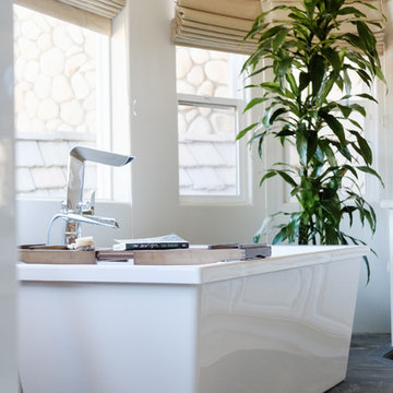 White & Bright Master Bathroom w/ Teal mosaic tile backsplash & Freestanding tub