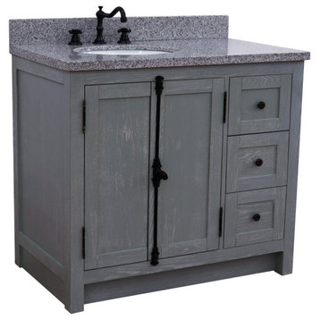 37" Single Vanity, Gray Ash With Gray Granite Top, Left Doors/Left Oval Sink