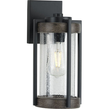 Whitmire 1-Light Black With Aged Oak Seeded Glass Outdoor Wall Lantern Light