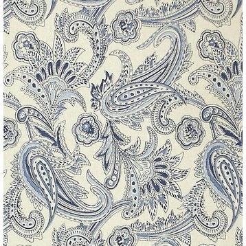 Denim Blue Paisley Fabric Retro Modern Indienne Handprint, Standard Cut