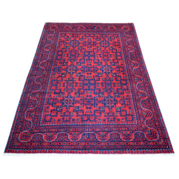 Deep and Saturated Red, Afghan Khamyab Shiny Wool Hand Knotted Rug, 4'4"x6'3"