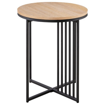 Contemporary End Table, Crossed Metal Base With Slatted Accent & Coastal Oak Top