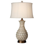 StyleCraft Home Collection - Jane Seymour -Westlake Table Lamp with Round Self Fabric Trimmed Shade - The Jane Seymour Westlake table lamp uses a subtle natural pattern in a white finish to create wonders on any tabletop. A vintage accent that is updated for the modern home, this lamp is made with a polyresin body and bronze tone round base. It is then topped with a white fabric softback shade to enhance its vintage appeal.