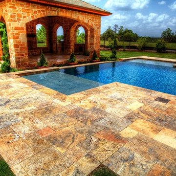 Rectangular Pool 4 with multiple linear waterfalls, landscape, and structure