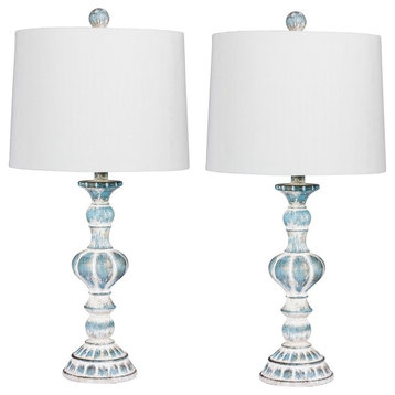 26.5" Distressed Candlestick Resin Table Lamp, Set Of 2, Cottage Antique Blue