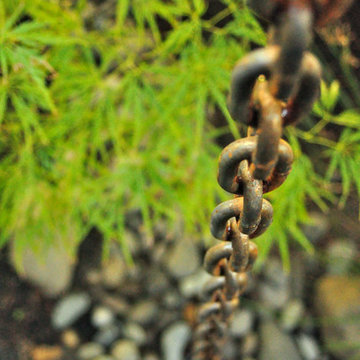 Chain leading to a rain garden that flows alongside and under the main concrete