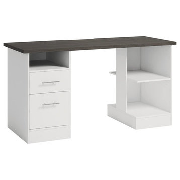 Modern Desk, 2 Storage Drawers and Multiple Open Shelves, White/Charcoal Ash