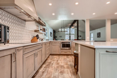 Inspiration for a huge country ceramic tile and gray floor eat-in kitchen remodel in Denver with gray cabinets, quartz countertops, white backsplash, two islands, white countertops, a farmhouse sink, mosaic tile backsplash and stainless steel appliances