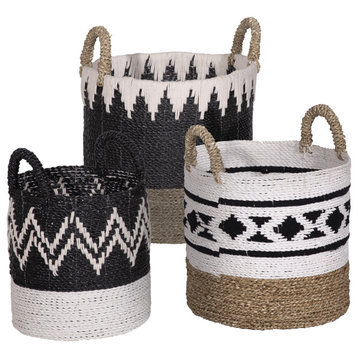 Cantu Hand Woven Tri-Colored Seagrass and Cotton Storage Baskets, Set of 3