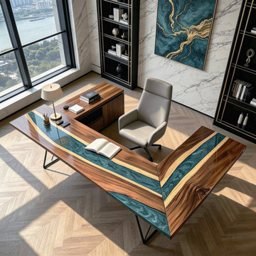 L‑Shaped Walnut & Peacock Blue Epoxy Desk – Sculptural, Spacious, Executive