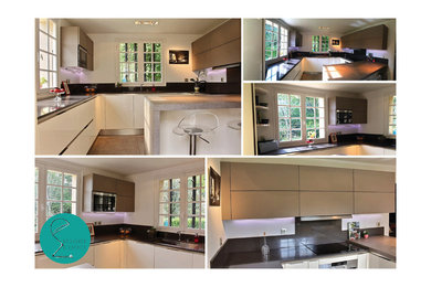 Mittelgroße Klassische Küche mit integriertem Waschbecken, Granit-Arbeitsplatte, Rückwand aus Steinfliesen und Keramikboden in Sonstige