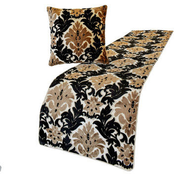 Decorative Brown velvet King 90"x18" Bed Runner, Damask Victoria