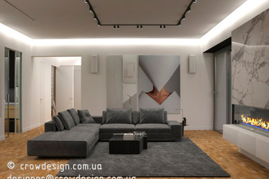 Ejemplo de salón abierto minimalista grande con paredes blancas, suelo de madera en tonos medios, chimenea lineal y suelo marrón