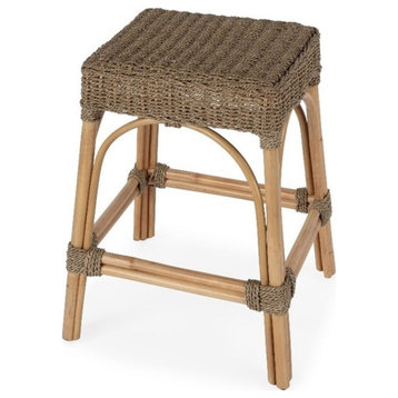 Home Square 24.5" Rattan & Mendong Grass Counter Stool in Brown - Set of 2
