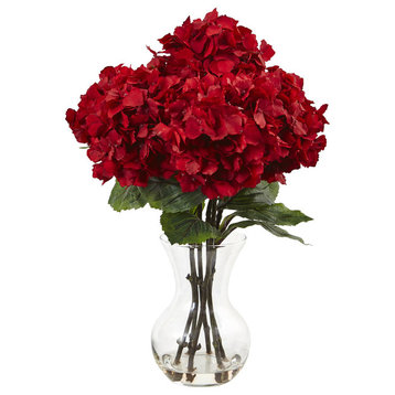 Red Hydrangea With Vase Silk Flower Arrangement