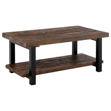 Rustic Coffee Table, Strong Metal Legs With Rectangle Top and Lower Shelf, Brown