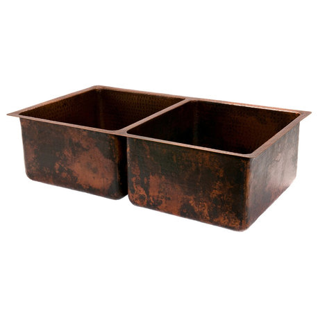 33" Hammered Copper Kitchen 50/50 Double Basin Sink