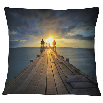 Illuminated Wooden Bridge in Sunlight Pier Seascape Throw Pillow, 18"x18"