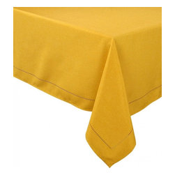 Xia Home Fashions - Melrose Easy Care Cutwork Hemstitch 70"x104" Tablecloth, Gold - Tablecloths