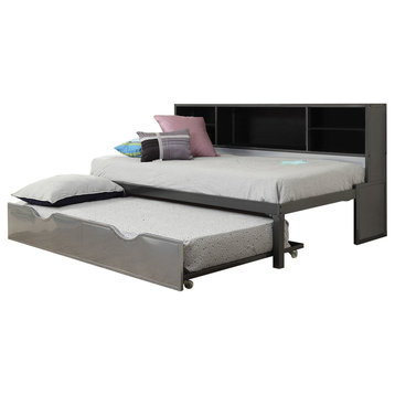 Renell Bed With Bookcase and Trundle, Black and Silver, Twin