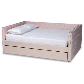 Elara Classic Velvet Daybed With Trundle, Full Size, Pink