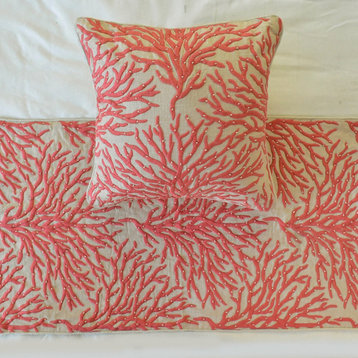 Designer Pink Linen Queen 74"x18" Bed Runner With Pillow Cover Coraline Pearls