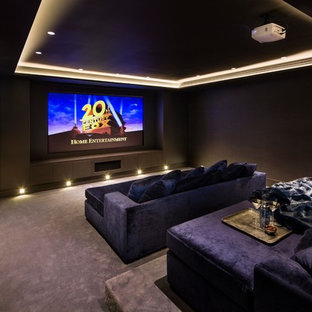 Exemple d'une salle de cinéma tendance de taille moyenne et fermée avec un mur marron, moquette, un écran de projection et un sol violet.