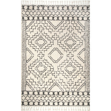 Moroccan Shag Tribal Chevron Tassel Area Rug, Off-White, 9'2"x12'
