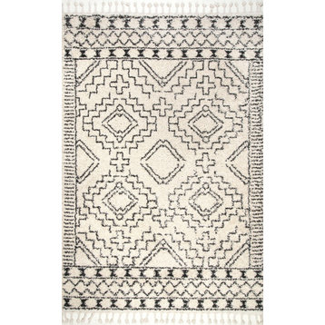 Nuloom Moroccan Shag Tribal Chevron Tassel Area Rug, Off White 9'2"x12'