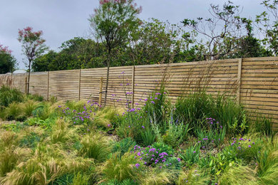 This is an example of a large contemporary back xeriscape full sun garden for summer in Hampshire with a flowerbed and a wood fence.