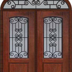 Prehung Transom Double Door 80 Fiberglass Verona Arch Lite GBG Glass - Front Doors