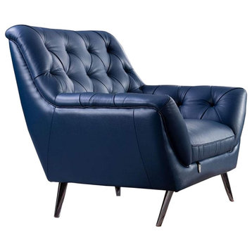 Benzara BM226615 Contemporary Button Tufted Leather Chair, Metal Legs, Navy Blue