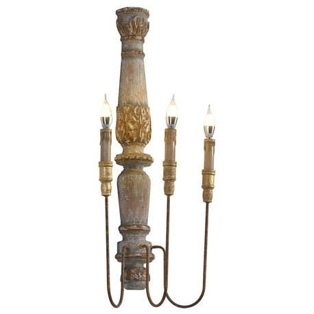 French Country 3-Light Wood Candle Wall Sconce Distressed Carved Design