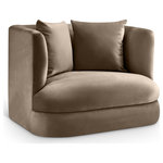 Meridian Furniture - Alder Upholstered Chair, Taupe, Velvet, Accent Chair - The Alder taupe velvet upholstered accent chair is an invitation to relax. Its rounded silhouette and soft velvet upholstery create a cozy and inviting space, perfect for curling up with a good book or simply unwinding after a long day. Whether you're entertaining guests or enjoying a quiet moment alone, this chair brings elegance and comfort to any space.