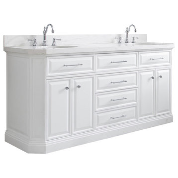72" Palace Quartz Carrara Pure White Vanity With Hardware, Faucets in Chrome